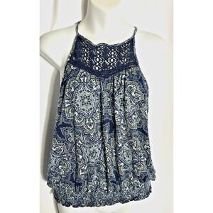 Cape Juby Y2K Knit Bubble Hem Top Blue Paisley Boho Preppy Halter Crochet XL